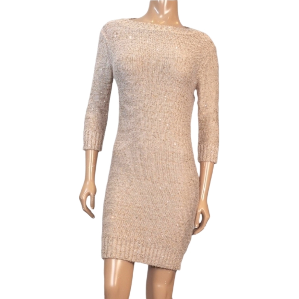 Costa Blanca Sequin Knit Sweater Dress Wool Angora Party Beige Gold Size Small